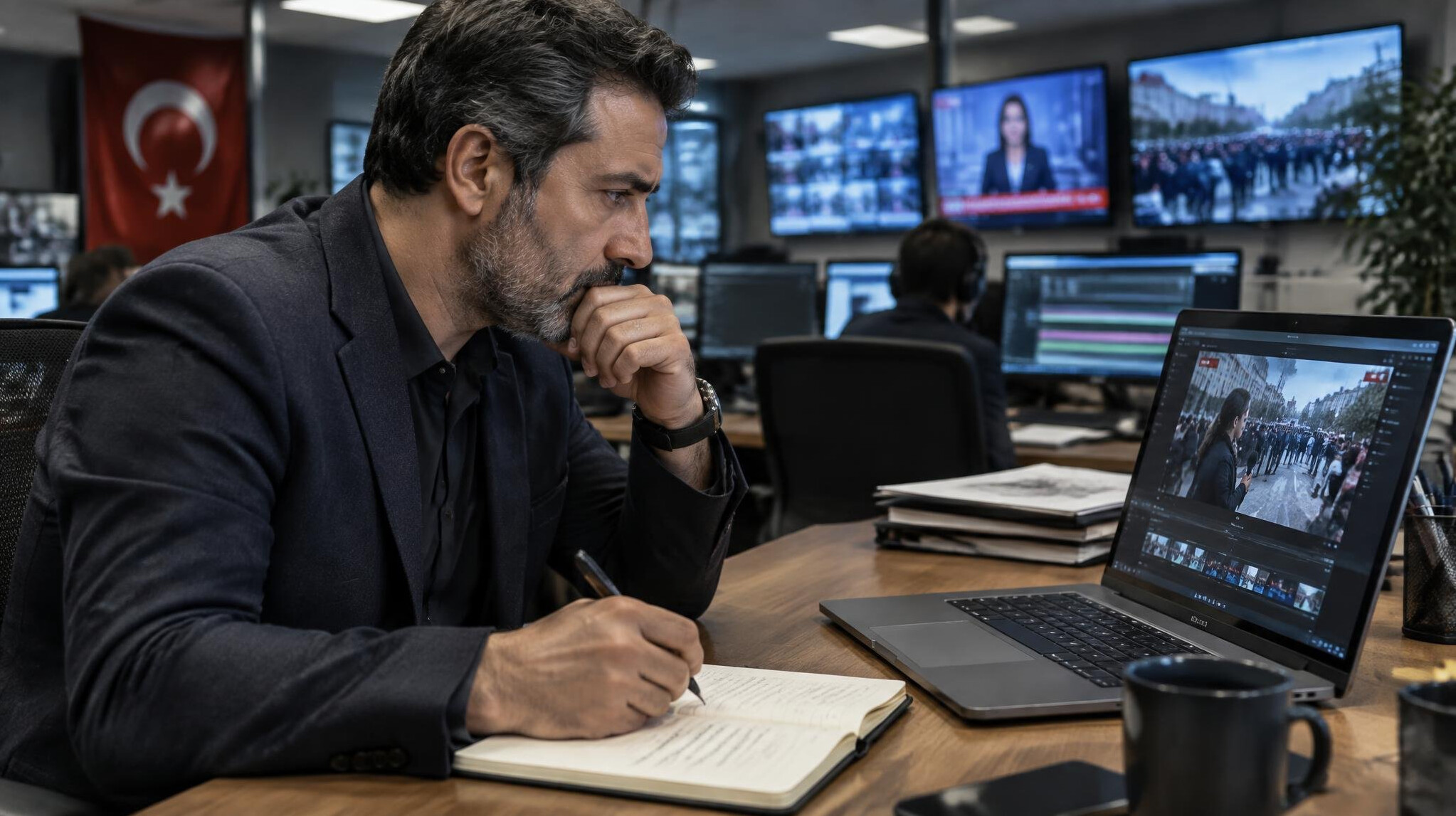 Journalist reviewing broadcast footage on a laptop after a live incident