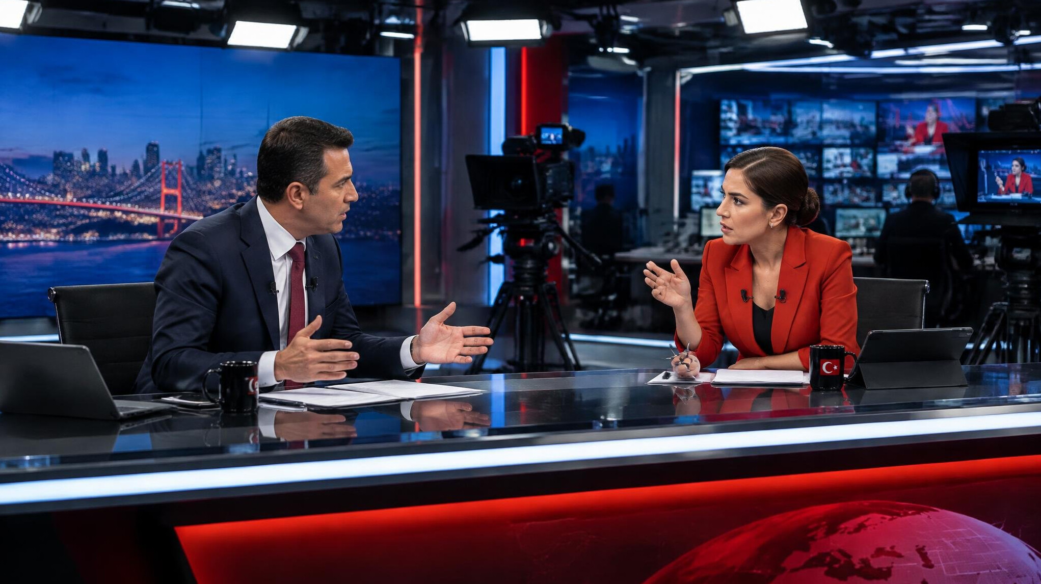Tense moment between two presenters in a TV studio during a live broadcast